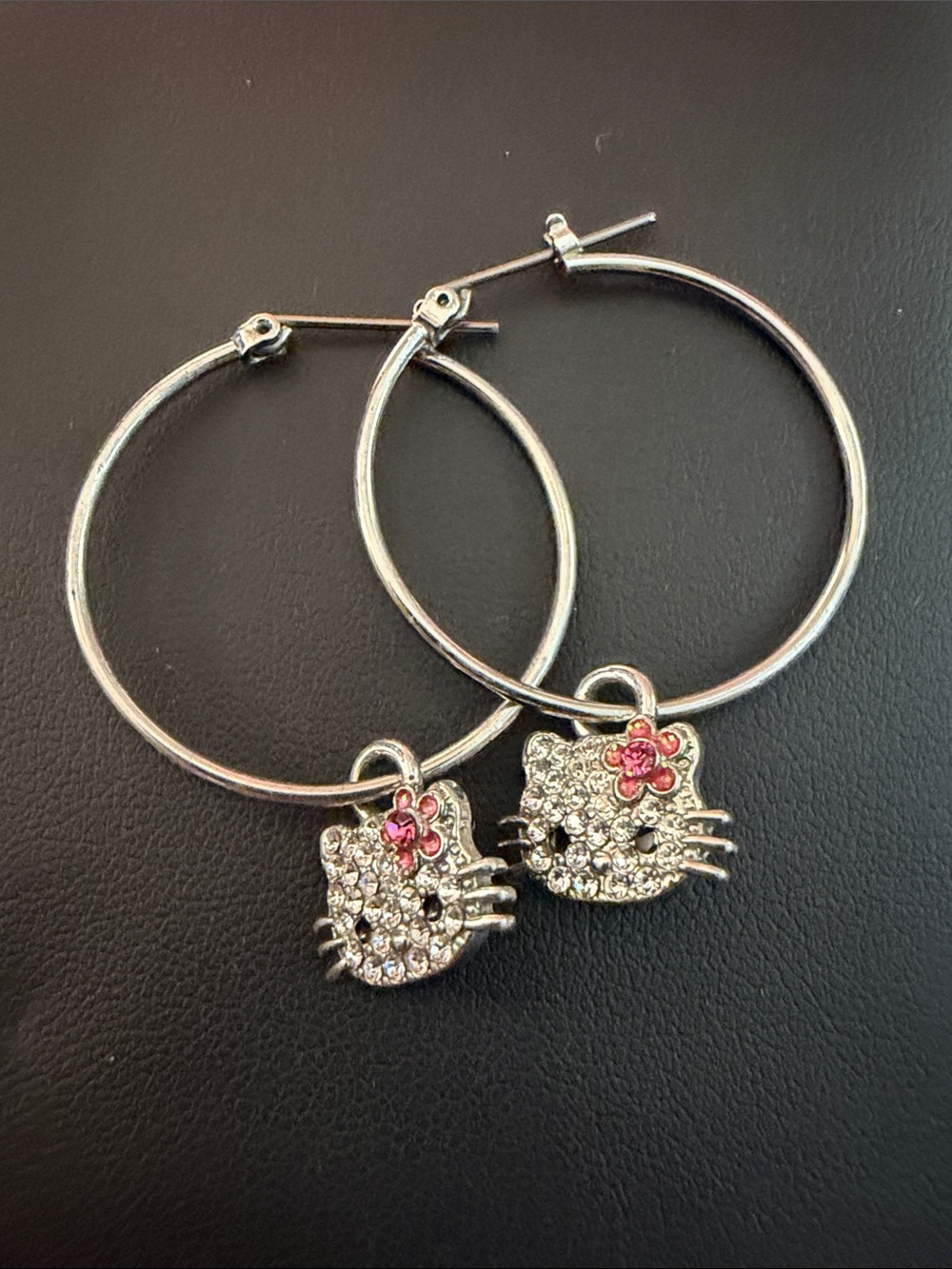 Hello Kitty Silver-toned Hoop Earrings with Pink Flower Accent